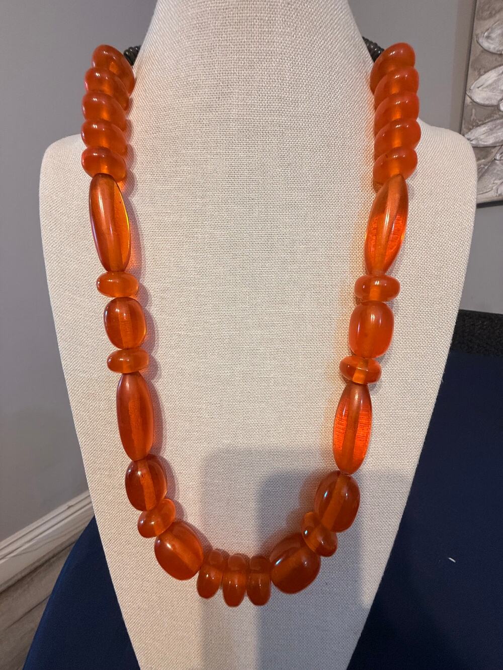 Vintage Amber Look Lucite Bead Necklace 31” Shepherd Clasp